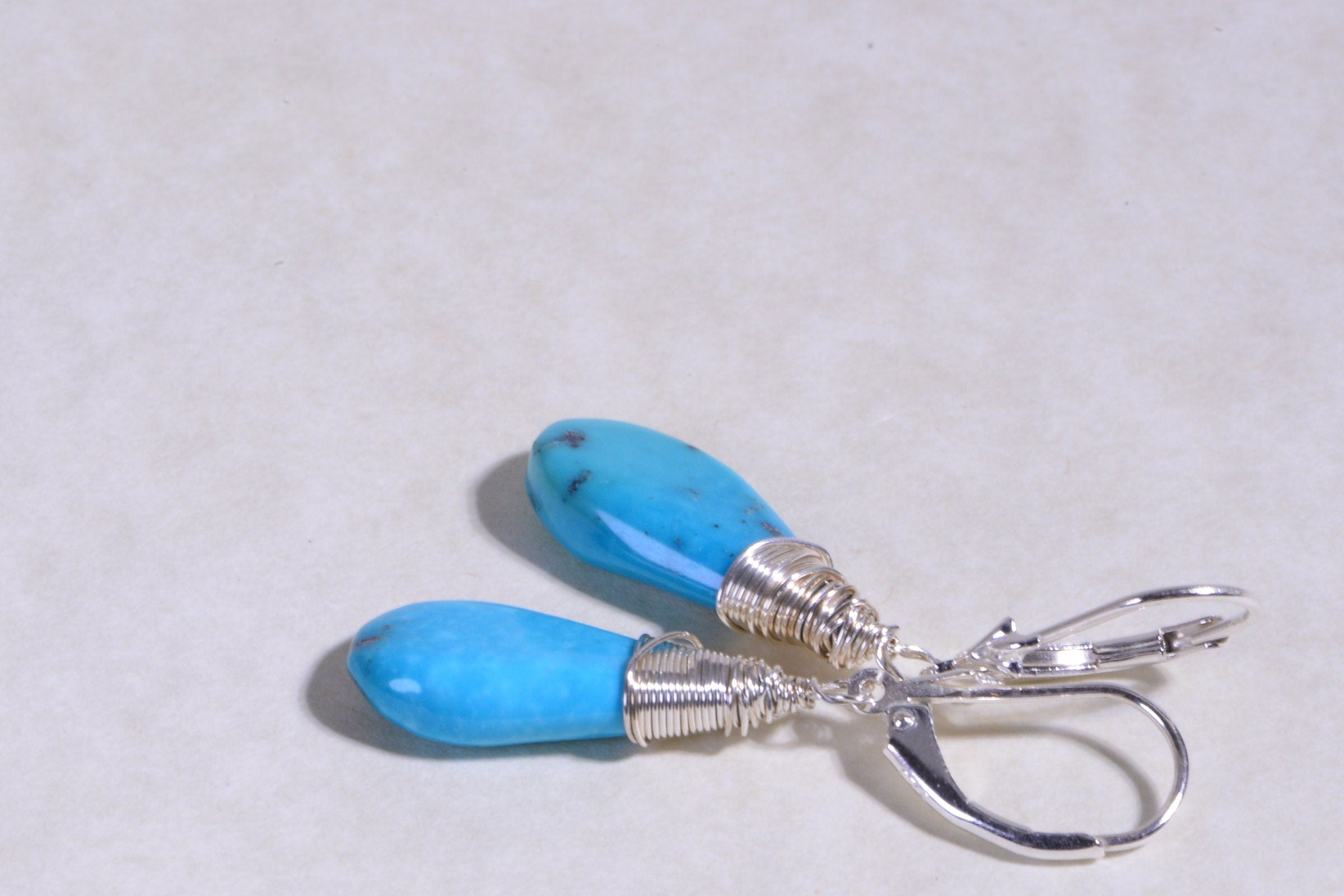 Sleeping Beauty Turquoise Earrings: Sterling Silver Wire Wrapped Teardrops