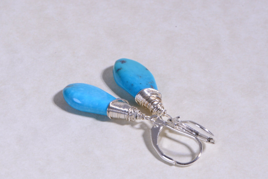 Sleeping Beauty Turquoise Earrings: Sterling Silver Wire Wrapped Teardrops