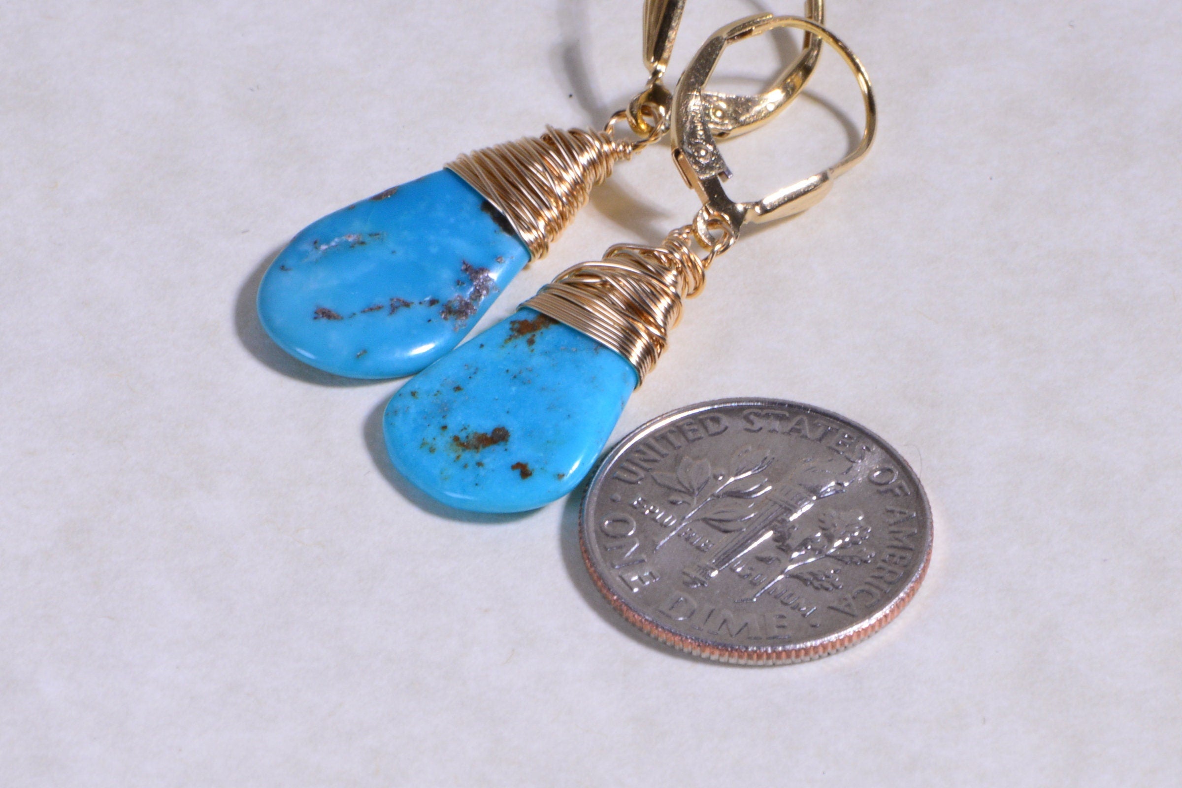 Sleeping Beauty Turquoise Earrings: Sterling Silver Wire Wrapped Teardrops