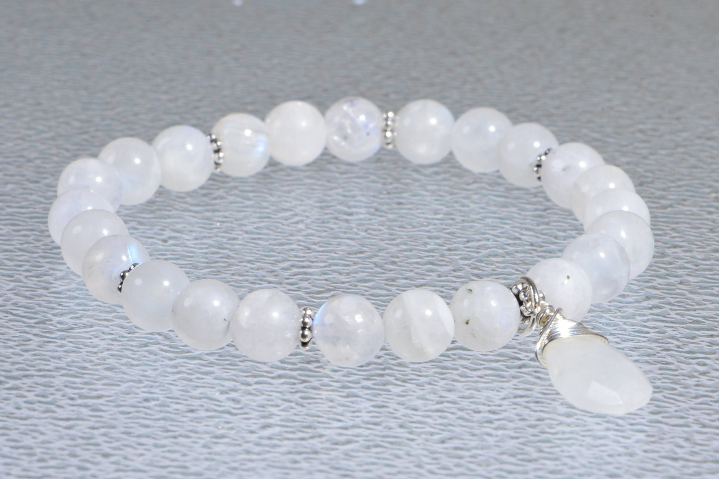 Blue Flash Moonstone Bracelet: Sterling Silver Chakra Mala, 7.5 Inch