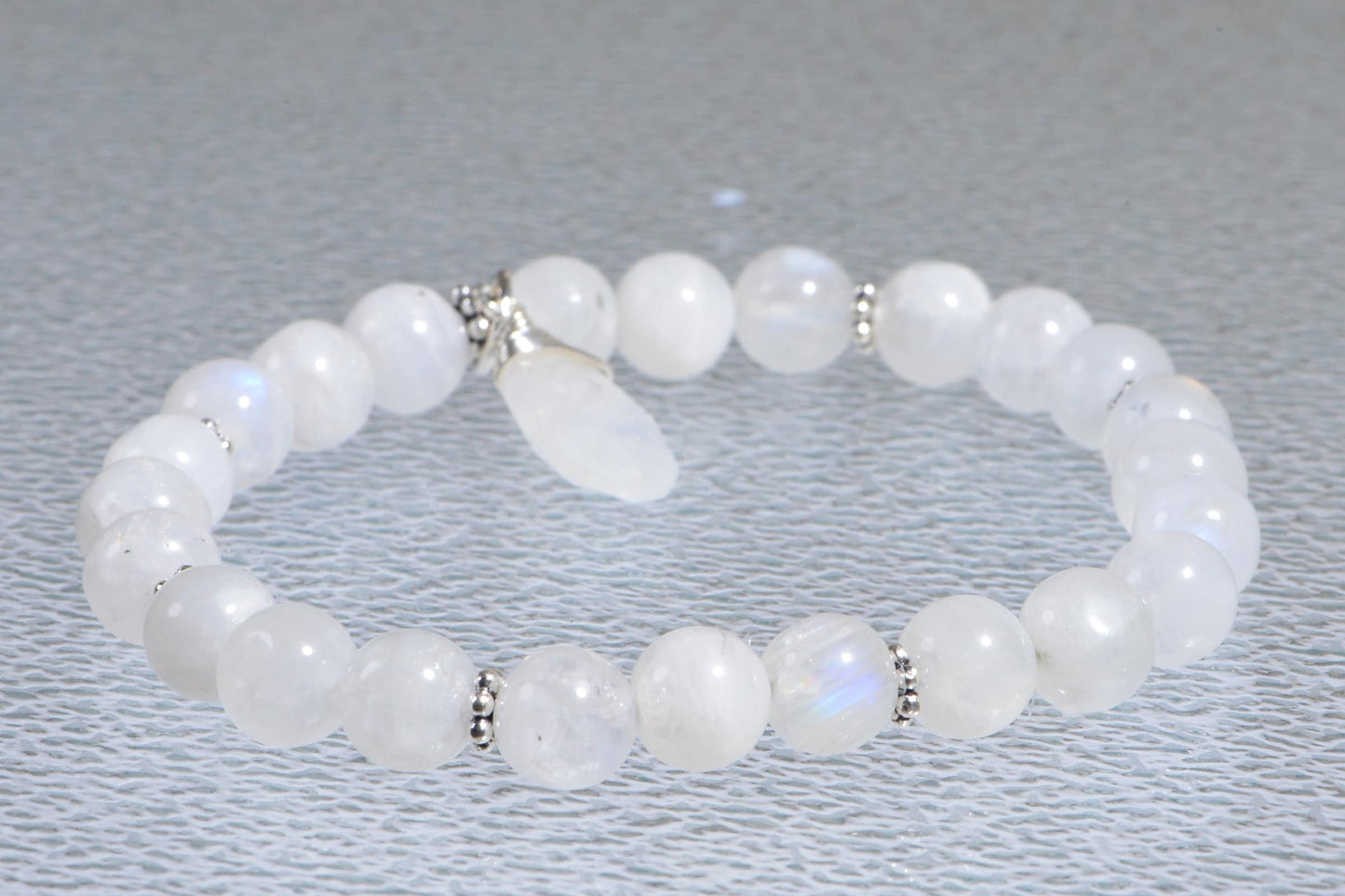 Blue Flash Moonstone Bracelet: Sterling Silver Chakra Mala, 7.5 Inch