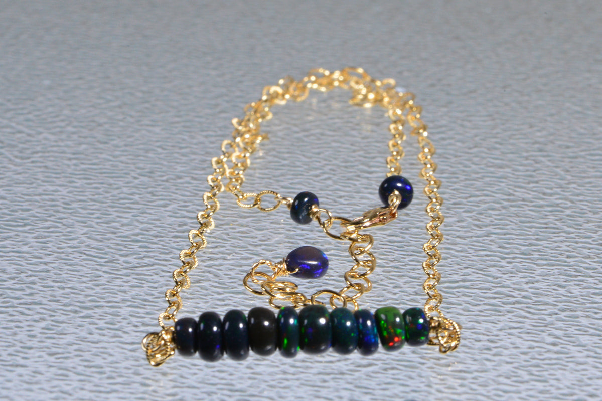 Ethiopian Welo Black Opal Necklace: 14K Yellow Gold Filled Bar, October Birthstone