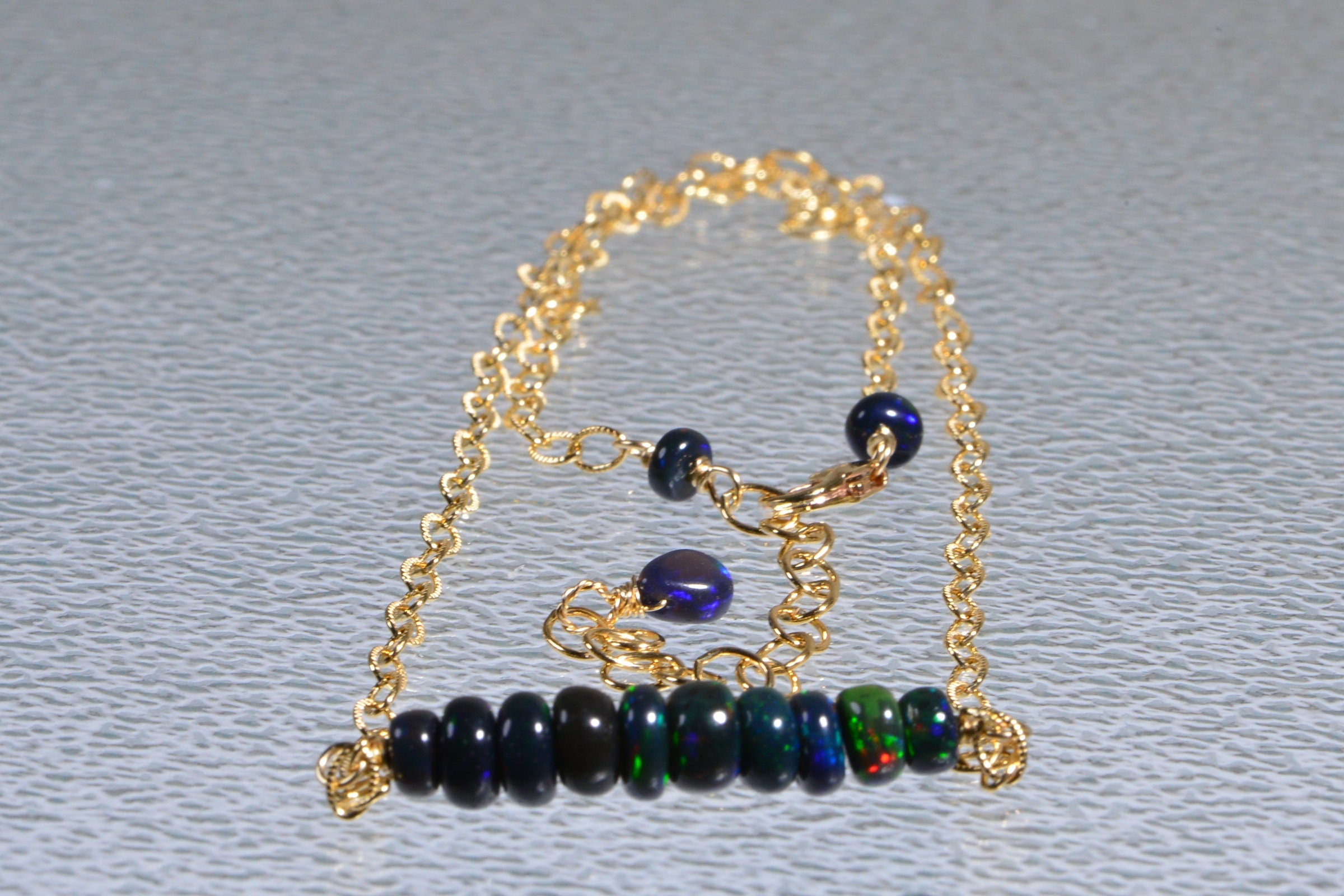 Ethiopian Welo Black Opal Necklace: 14K Yellow Gold Filled Bar, October Birthstone