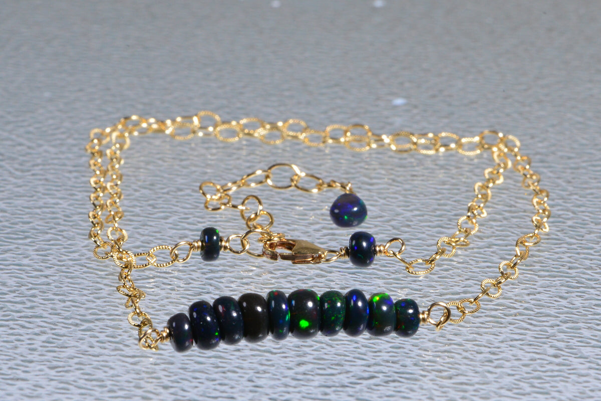 Ethiopian Welo Black Opal Necklace: 14K Yellow Gold Filled Bar, October Birthstone