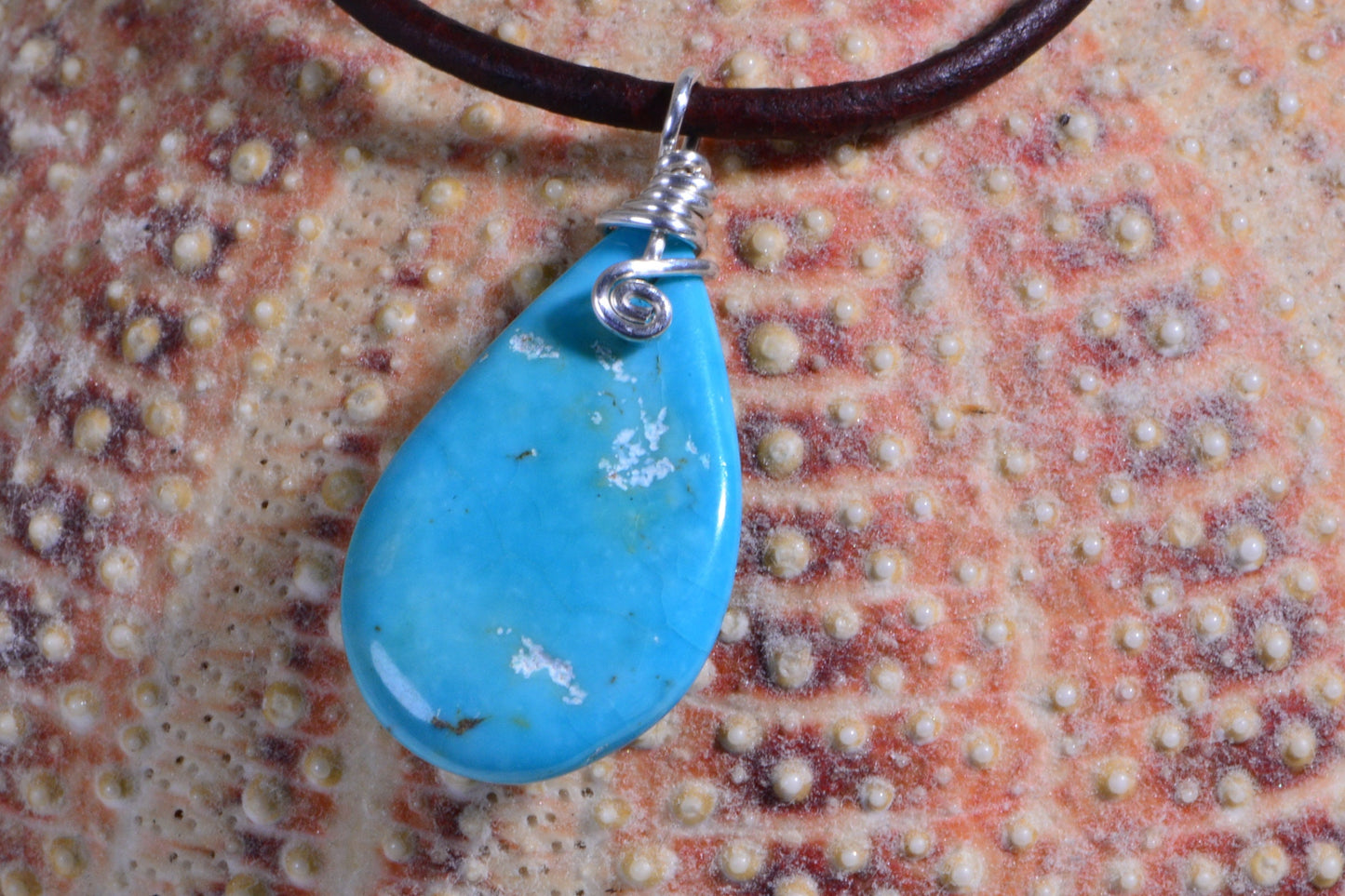 Sleeping Beauty Turquoise Necklace, Sterling Silver, Leather Cord