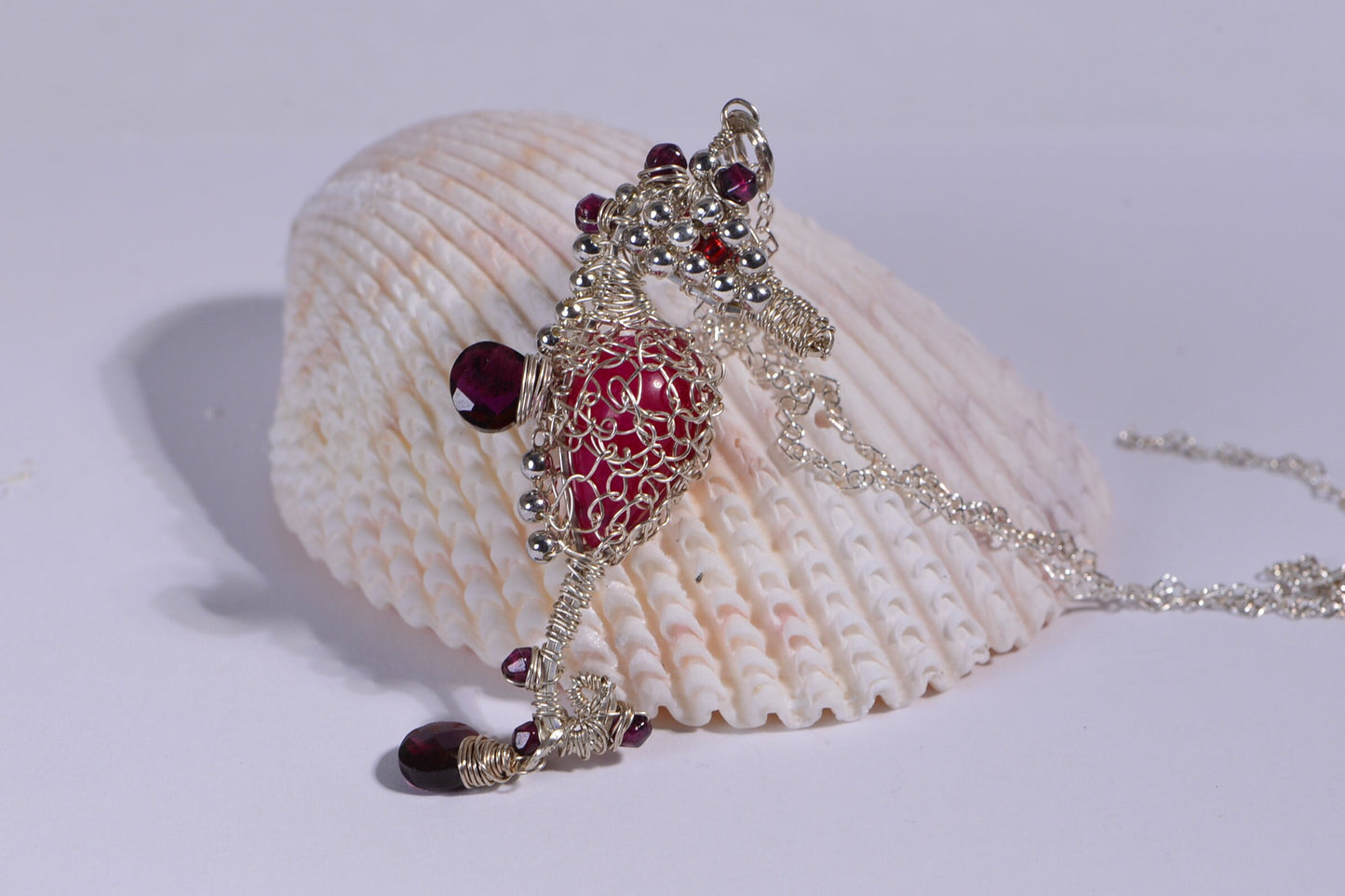 Seahorse Wire Wrapped Pendant , Sterling silver. Red Garnet. Red Onyx. Seahorse Jewelry