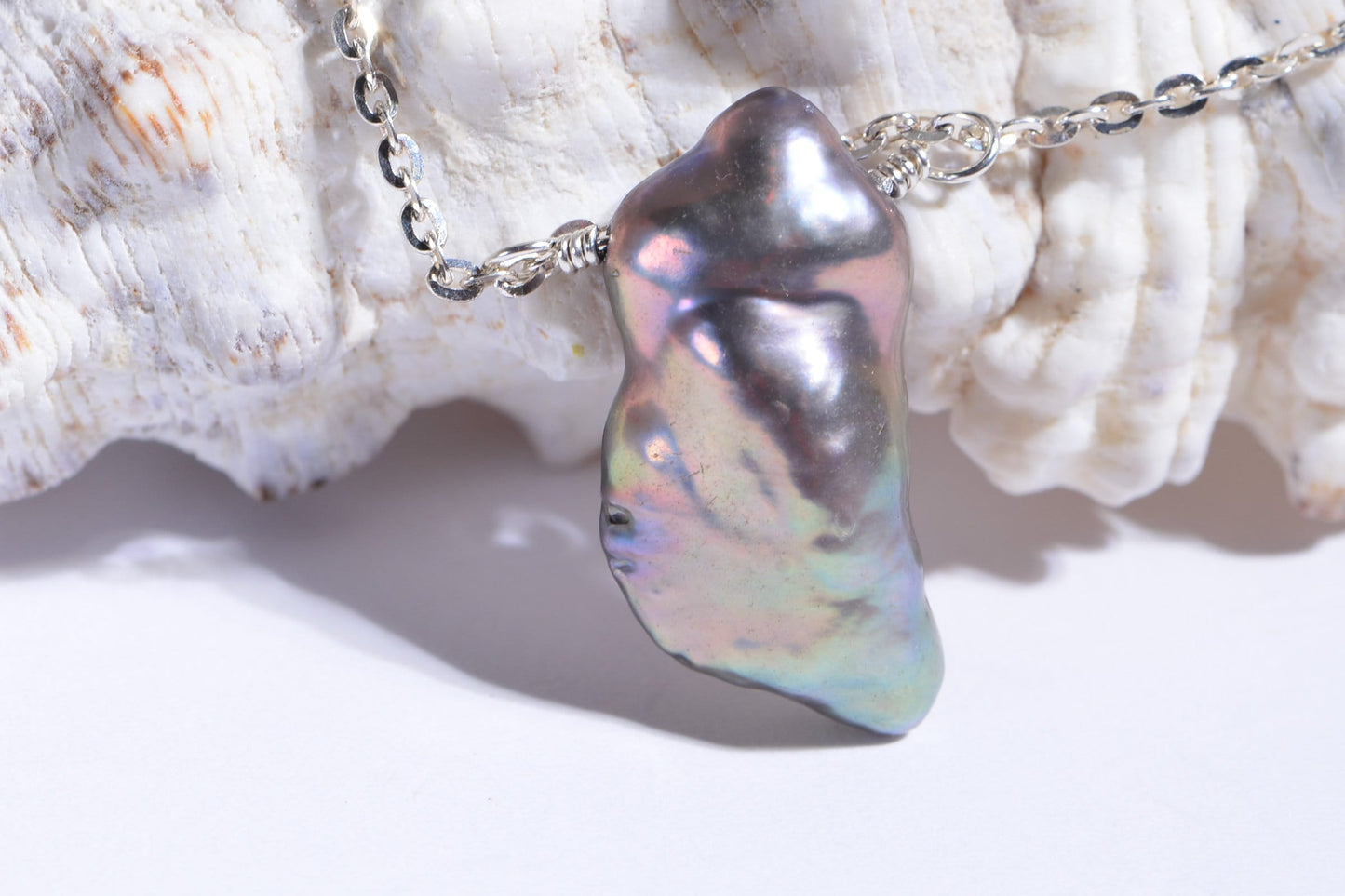 Rainbow Keshi Pearl Pendant, Sterling Silver Wire Wrapped, Baroque Connector