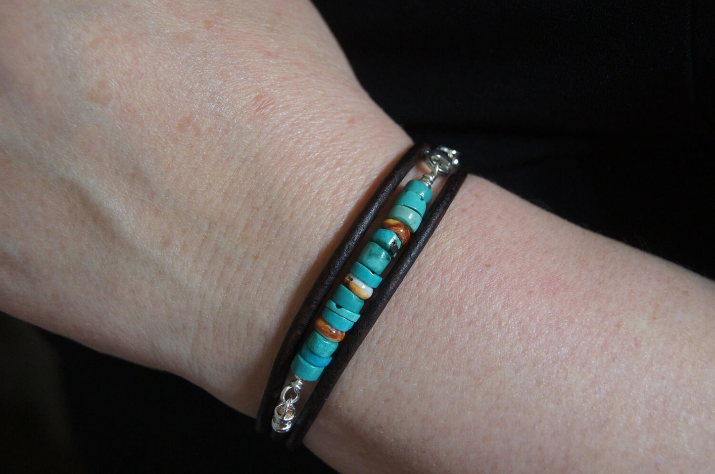 Kingman Turquoise Leather Wrap Bracelet, Sterling Silver Clasp