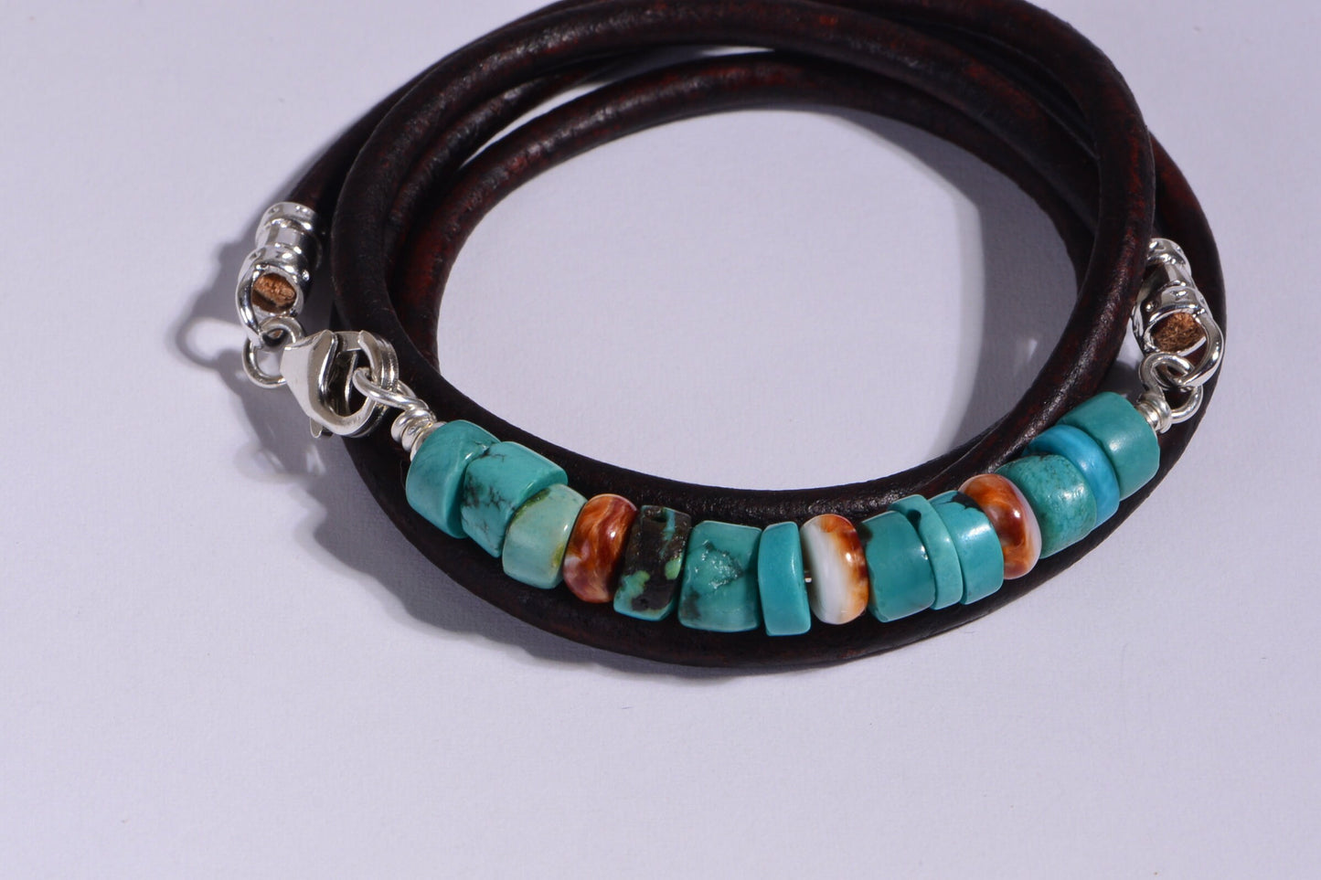 Kingman Turquoise Leather Wrap Bracelet, Sterling Silver Clasp