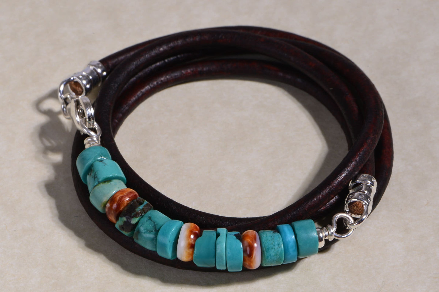 Kingman Turquoise Leather Wrap Bracelet, Sterling Silver Clasp