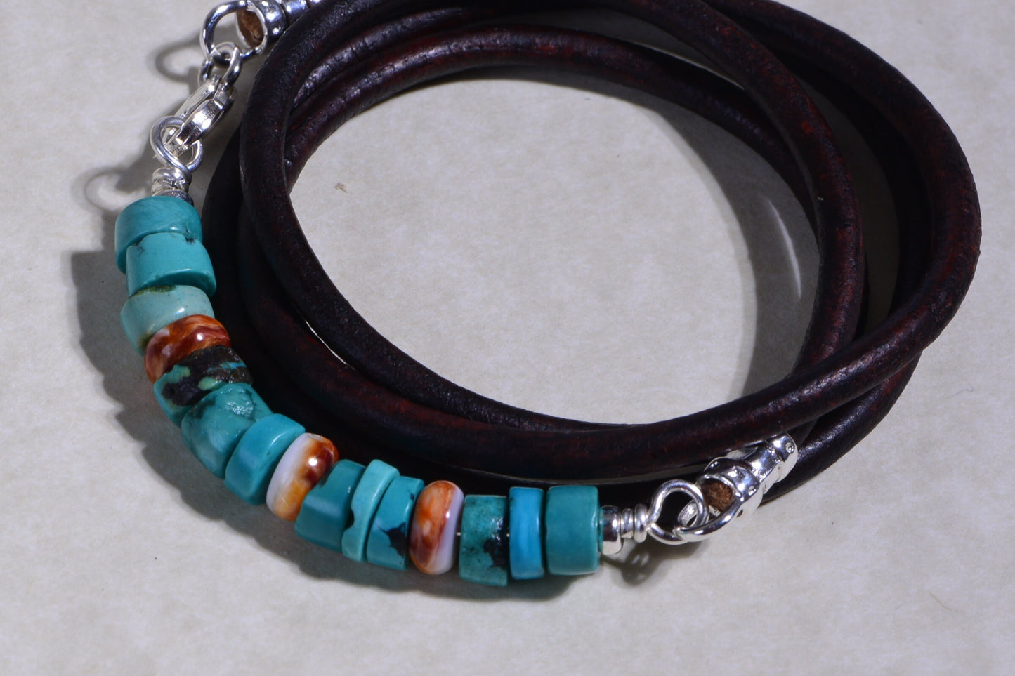 Kingman Turquoise Leather Wrap Bracelet, Sterling Silver Clasp