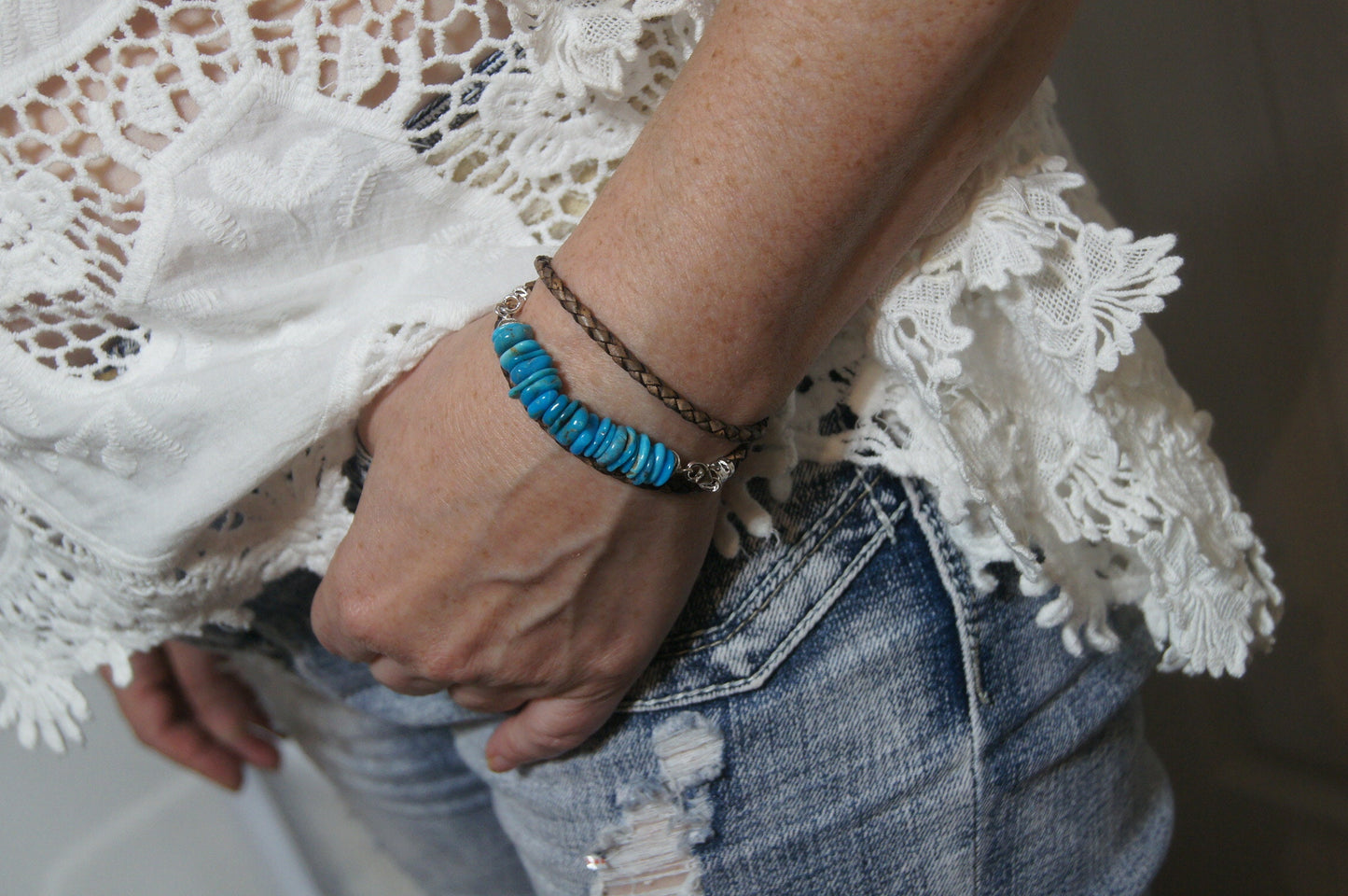 Sleeping Beauty Turquoise Leather Wrap Bracelet, Sterling Silver Clasp