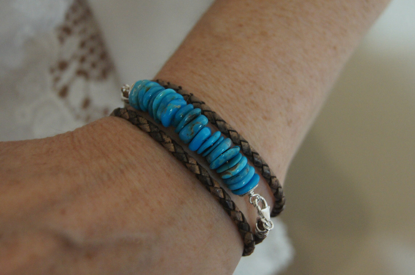 Sleeping Beauty Turquoise Leather Wrap Bracelet, Sterling Silver Clasp
