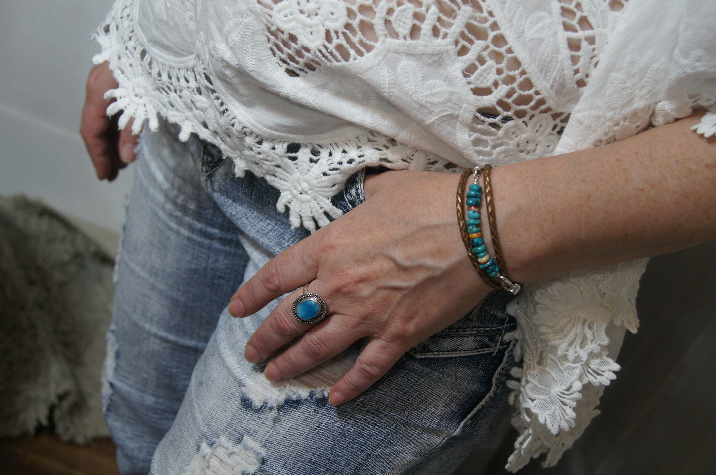 Kingman Turquoise Oyster Shell Leather Wrap Bracelet, Boho Jewelry