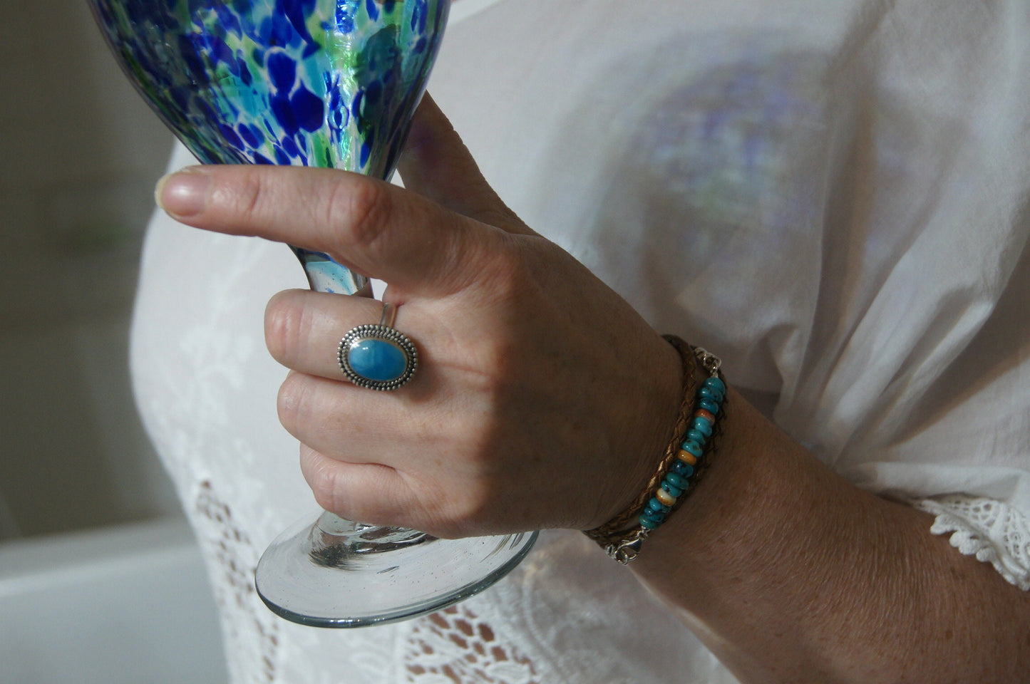 Kingman Turquoise Oyster Shell Leather Wrap Bracelet, Boho Jewelry