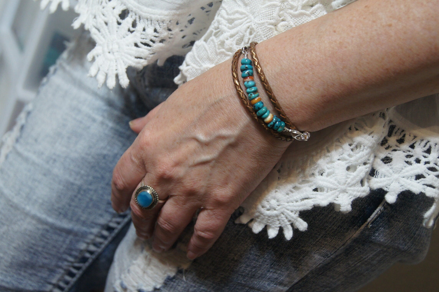 Kingman Turquoise Oyster Shell Leather Wrap Bracelet, Boho Jewelry
