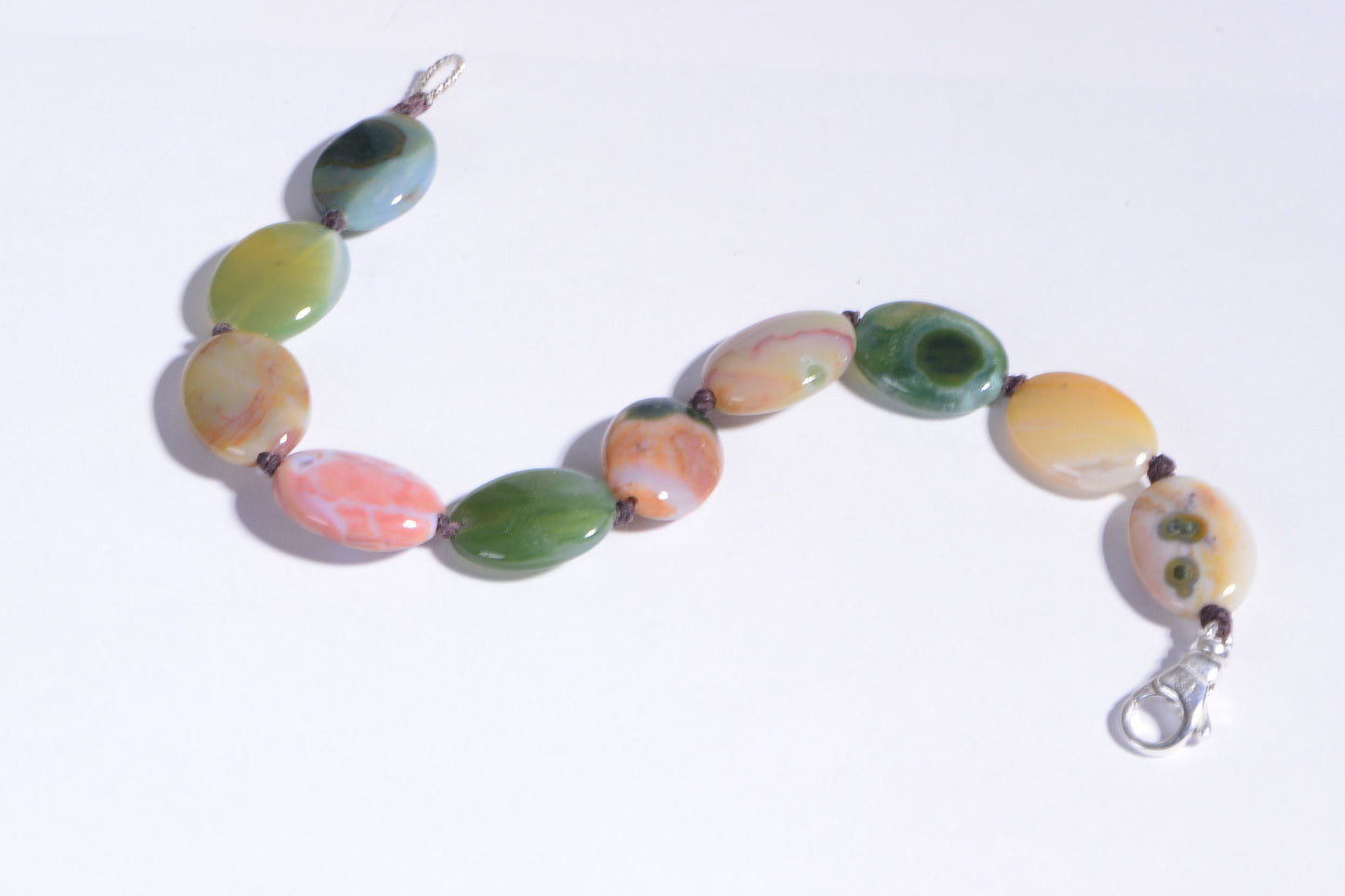 Ocean Jasper Oval Bracelet, Knotted Gemstone, Sterling Silver Clasp