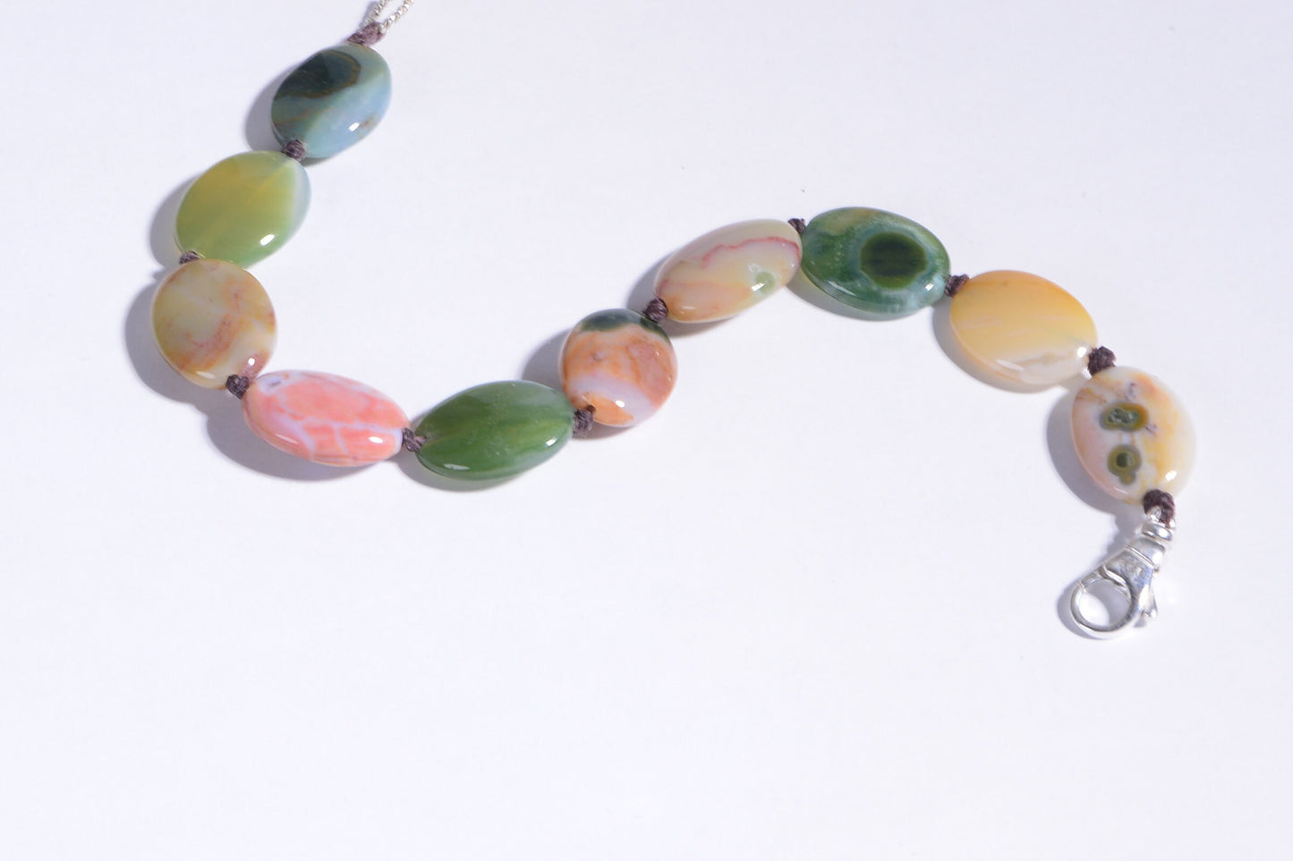 Ocean Jasper Oval Bracelet, Knotted Gemstone, Sterling Silver Clasp