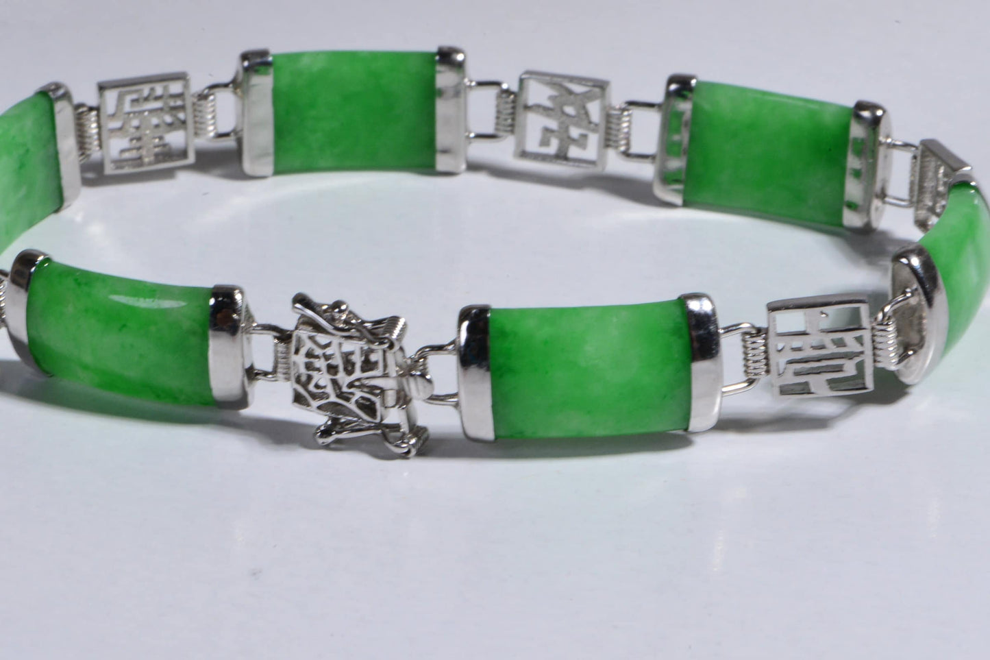 18K White gold over  Sterling silver Jade Bracelet Rectangle Link Bracelet Gemstone