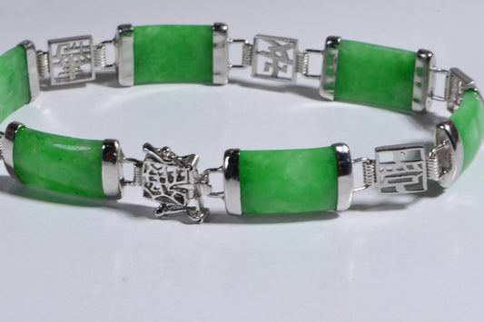18K White gold over  Sterling silver Jade Bracelet Rectangle Link Bracelet Gemstone