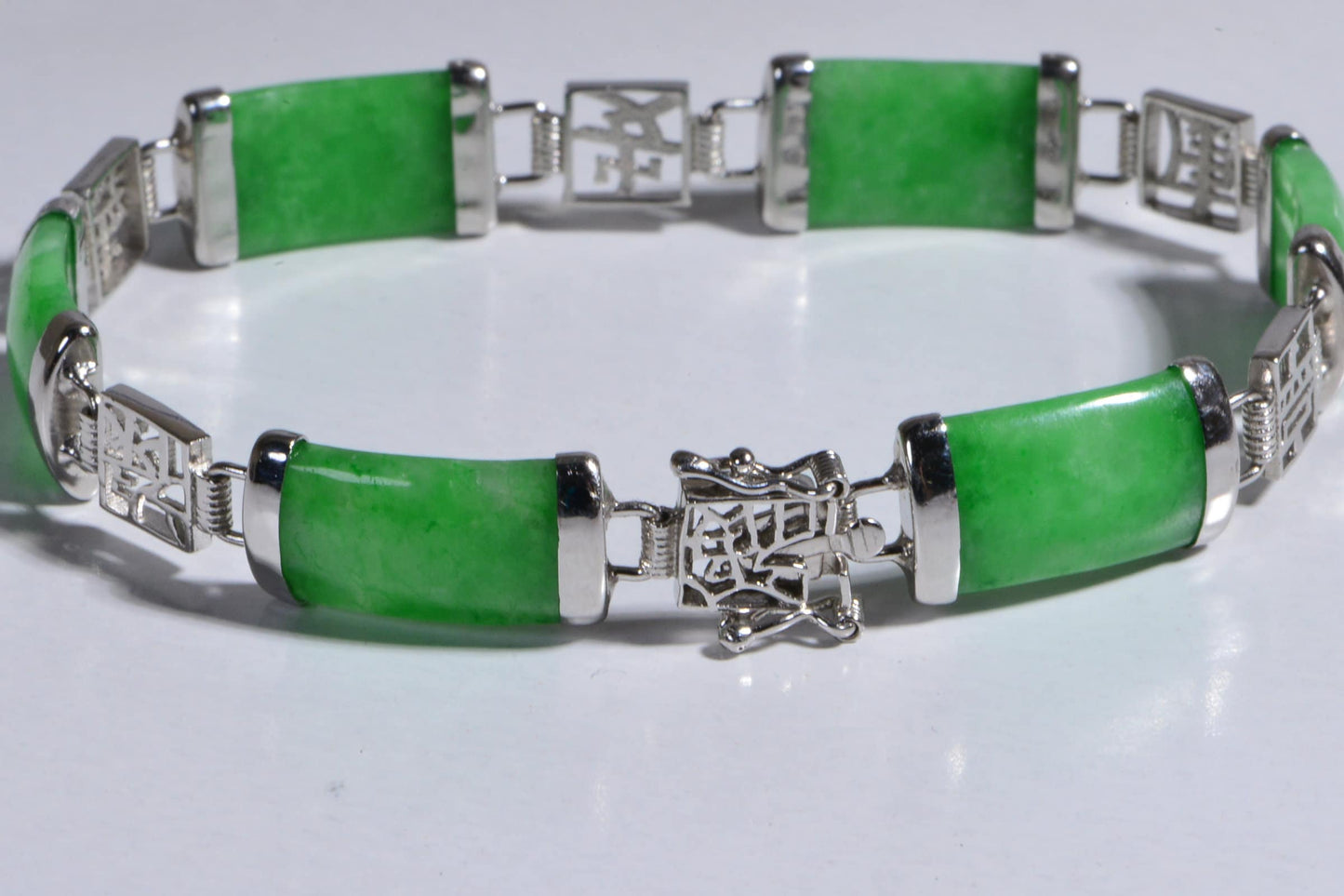 18K White gold over  Sterling silver Jade Bracelet Rectangle Link Bracelet Gemstone