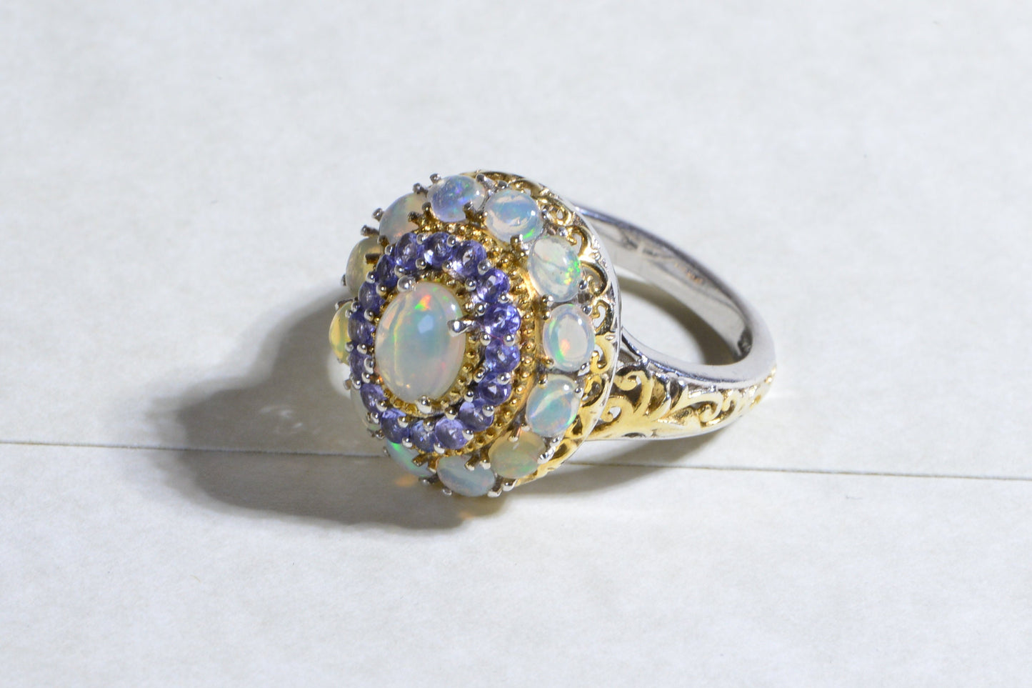 Ethiopian Opal Tanzanite Halo Ring, 24K Gold Plated Sterling Silver