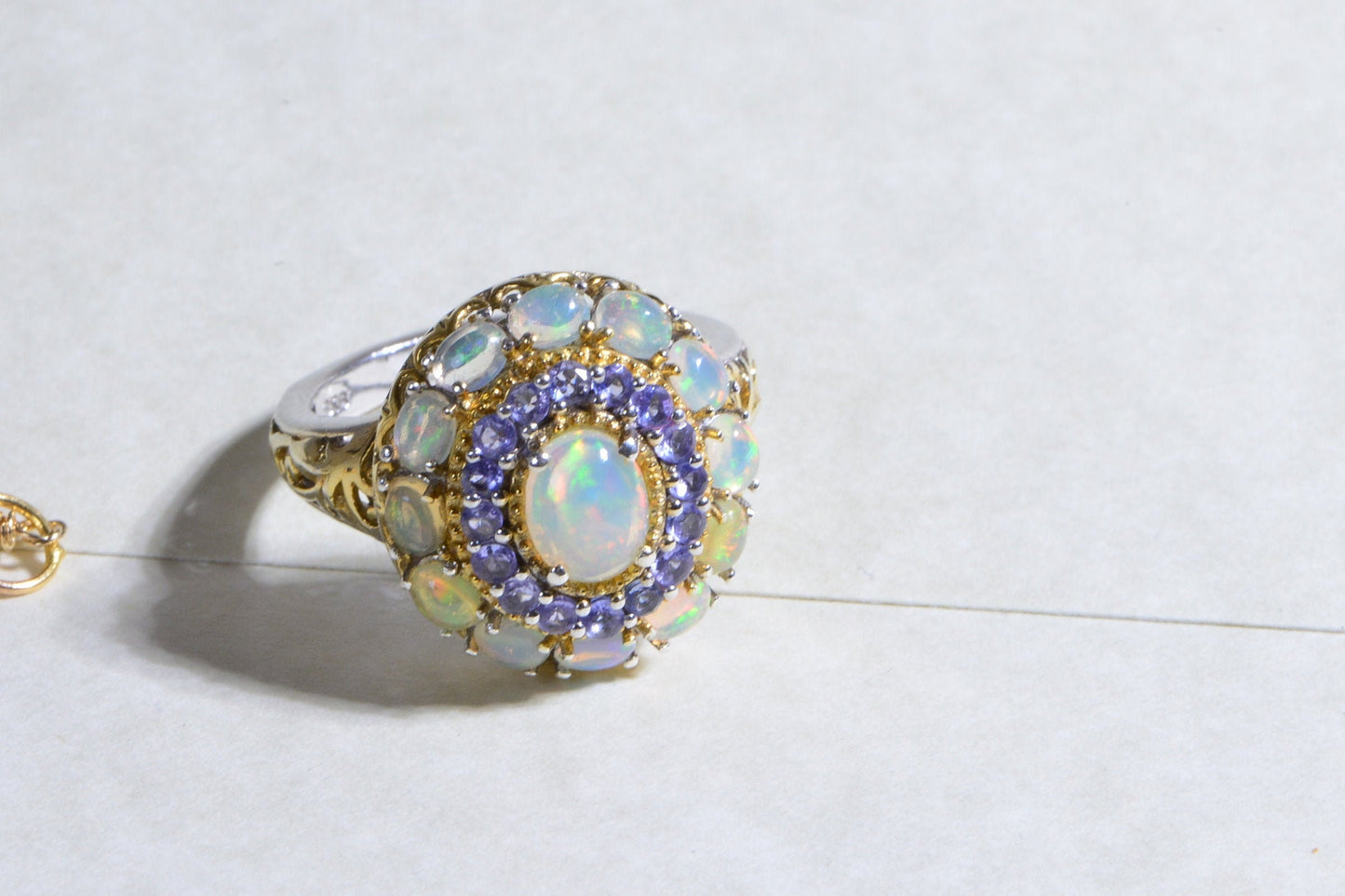 Ethiopian Opal Tanzanite Halo Ring, 24K Gold Plated Sterling Silver