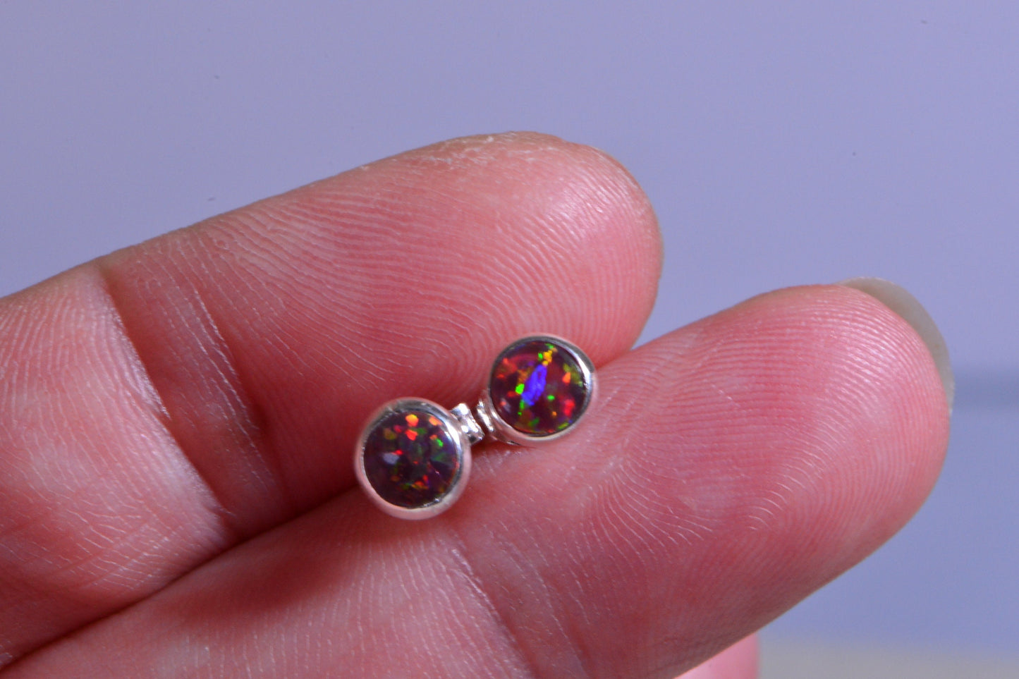 Fire Opal Stud Earrings: 5mm Lab-Created Harlequin Flash