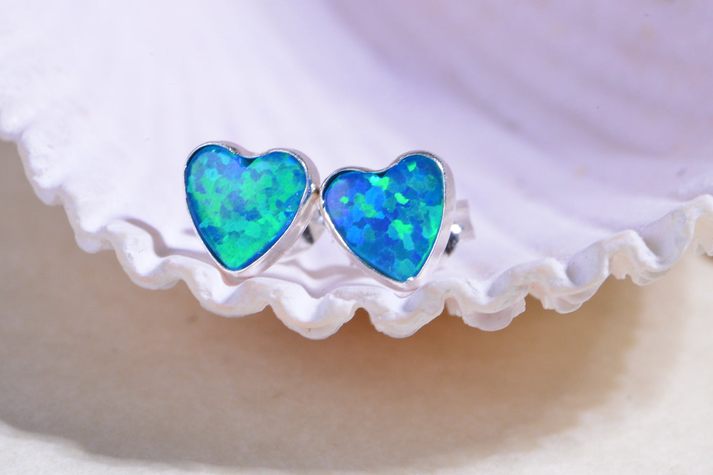 Blue Opal Heart Stud Earrings: 925 Silver Gemstone Jewelry