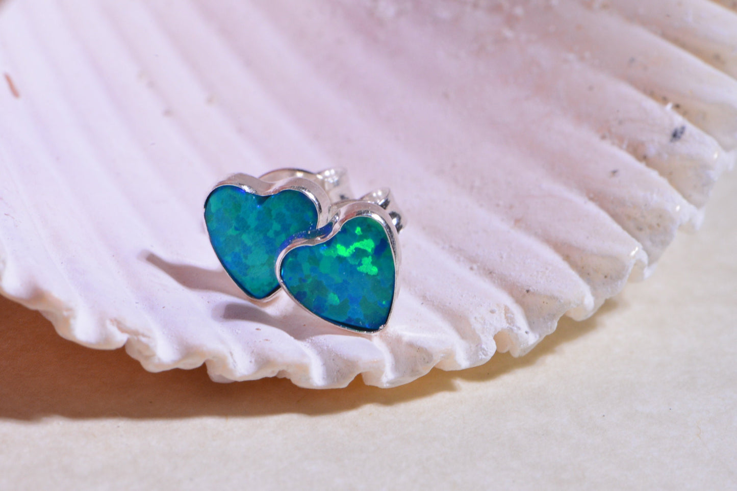 Blue Opal Heart Stud Earrings: 925 Silver Gemstone Jewelry