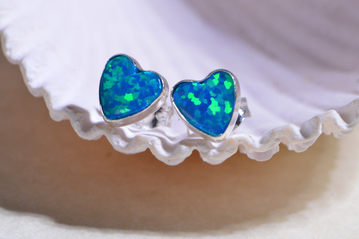 Blue Opal Heart Stud Earrings: 925 Silver Gemstone Jewelry