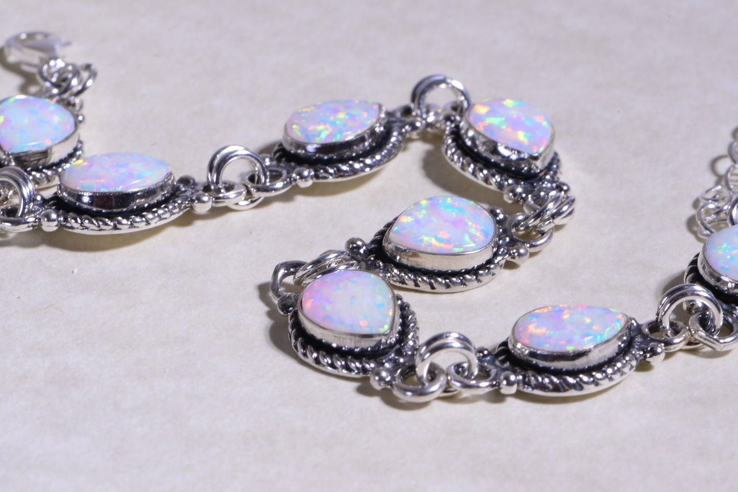 White Opal Bracelet Sterling Silver Chain Gemstone Bezel Setting Opal Birthstone October