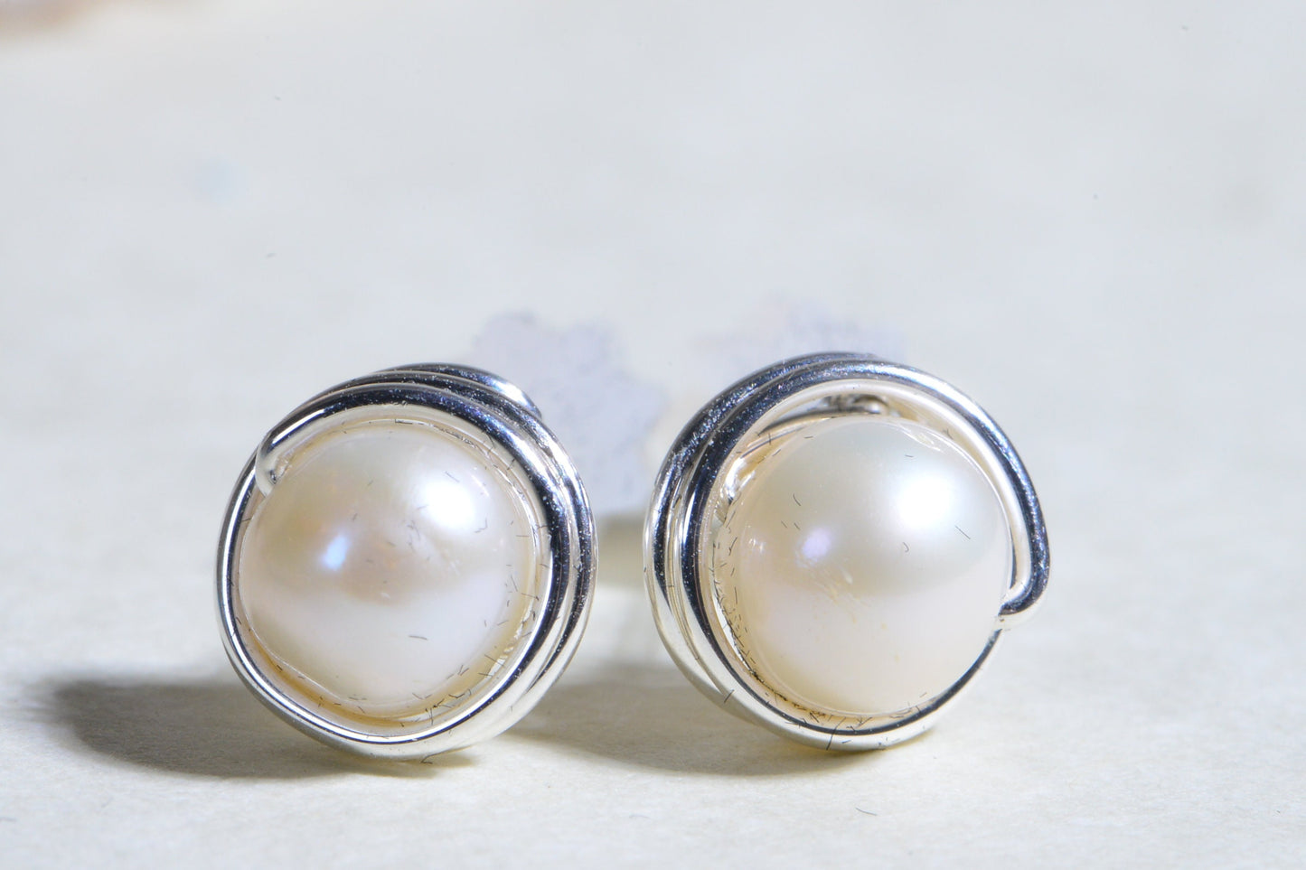 Freshwater Pearl Stud Earrings: Wire Wrapped Sterling Silver Posts