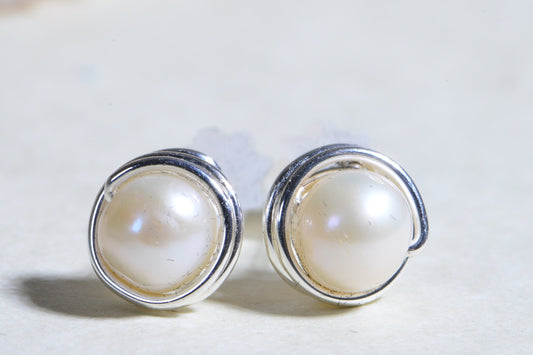 Freshwater Pearl Stud Earrings: Wire Wrapped Sterling Silver Posts