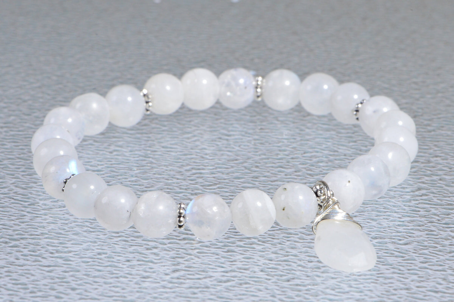 Blue Flash Moonstone Bracelet: Sterling Silver Chakra Mala, 7.5 Inch