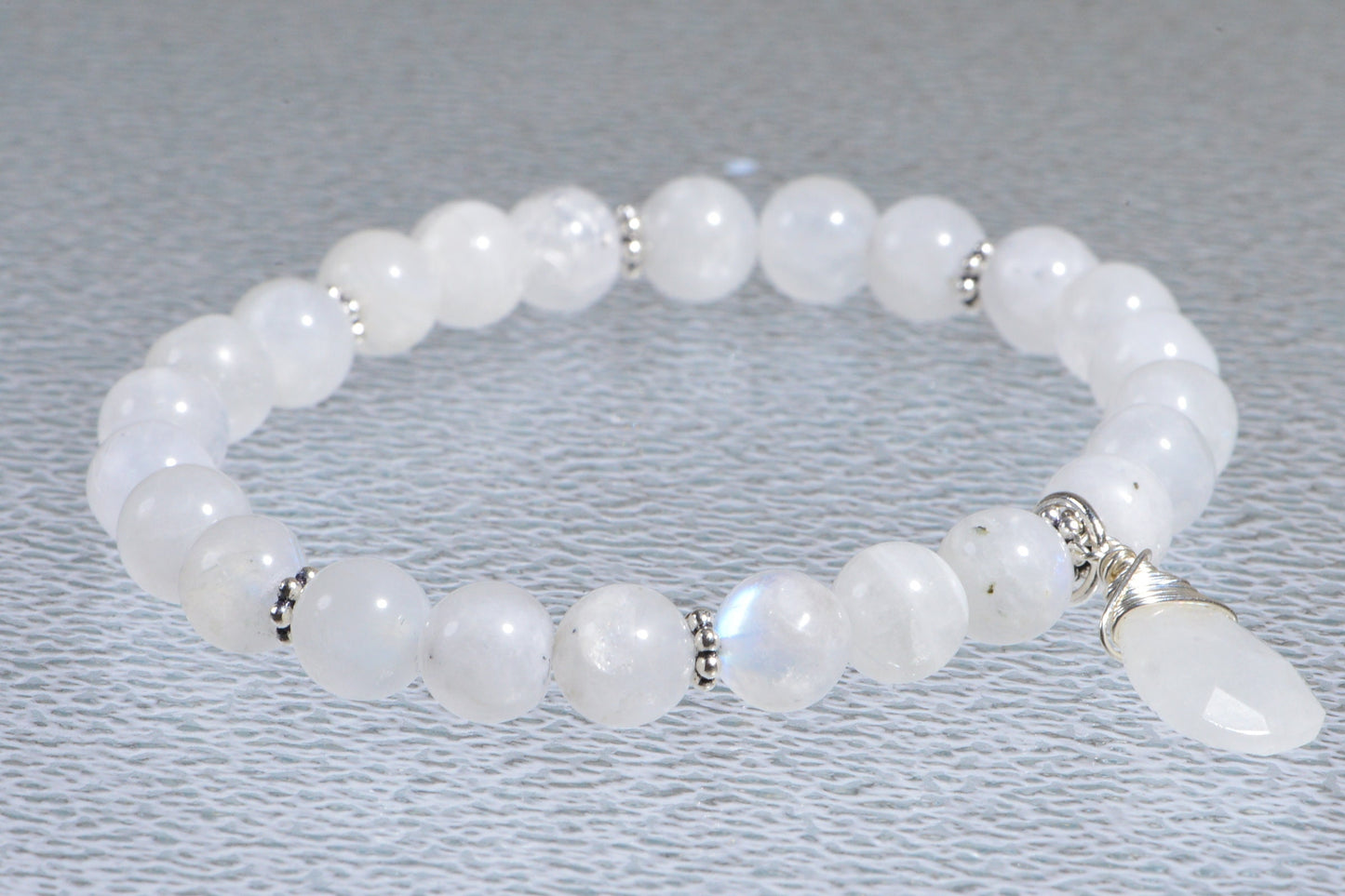 Blue Flash Moonstone Bracelet: Sterling Silver Chakra Mala, 7.5 Inch