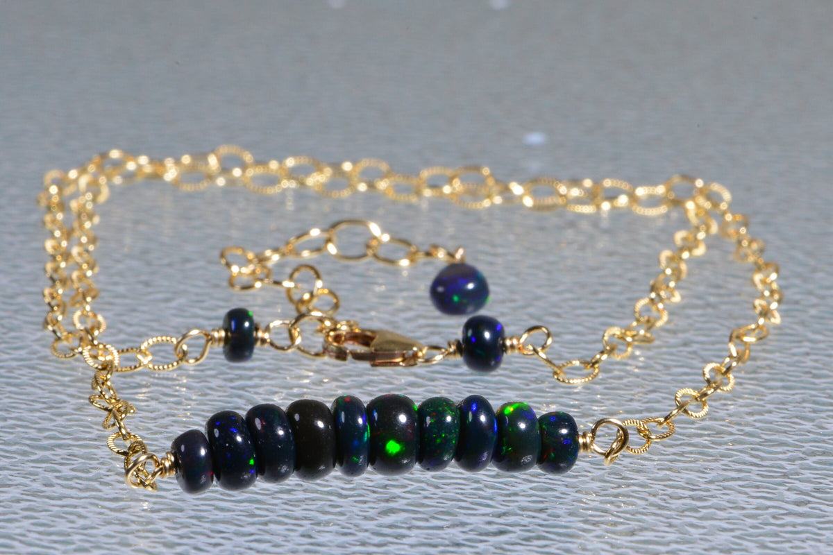 Ethiopian Welo Black Opal Necklace: 14K Yellow Gold Filled Bar, October Birthstone