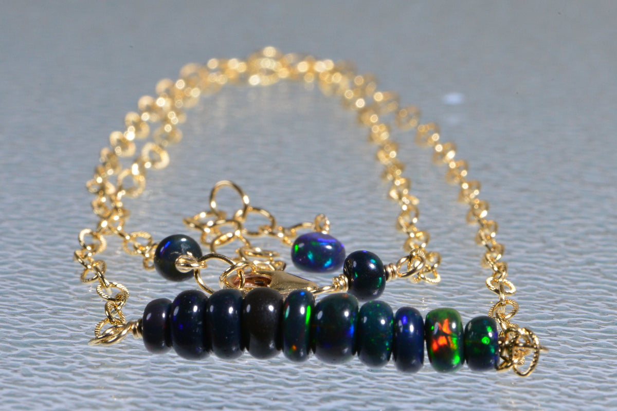 Ethiopian Welo Black Opal Necklace: 14K Yellow Gold Filled Bar, October Birthstone