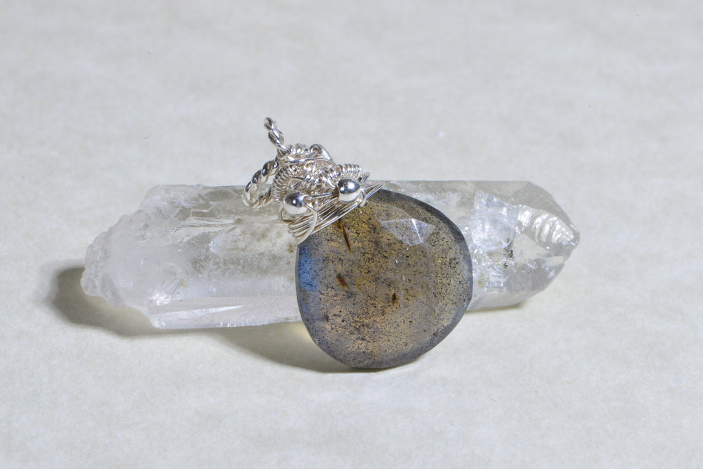 Labradorite Briolette Charm: Sterling Silver Wire Wrapped Bead (13mm)