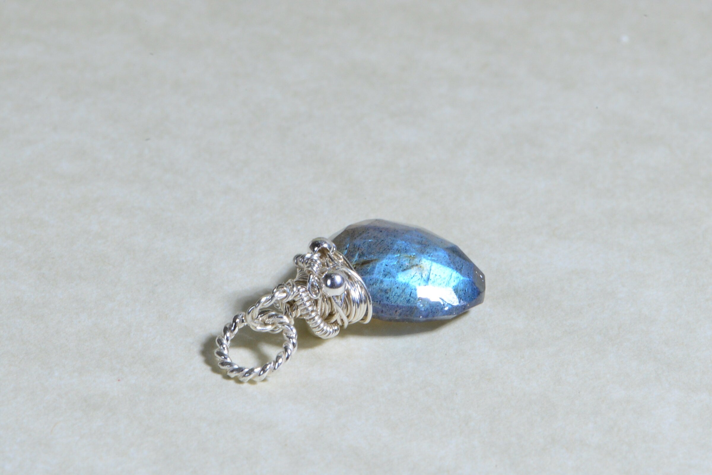 Labradorite Briolette Charm: Sterling Silver Wire Wrapped Bead (13mm)
