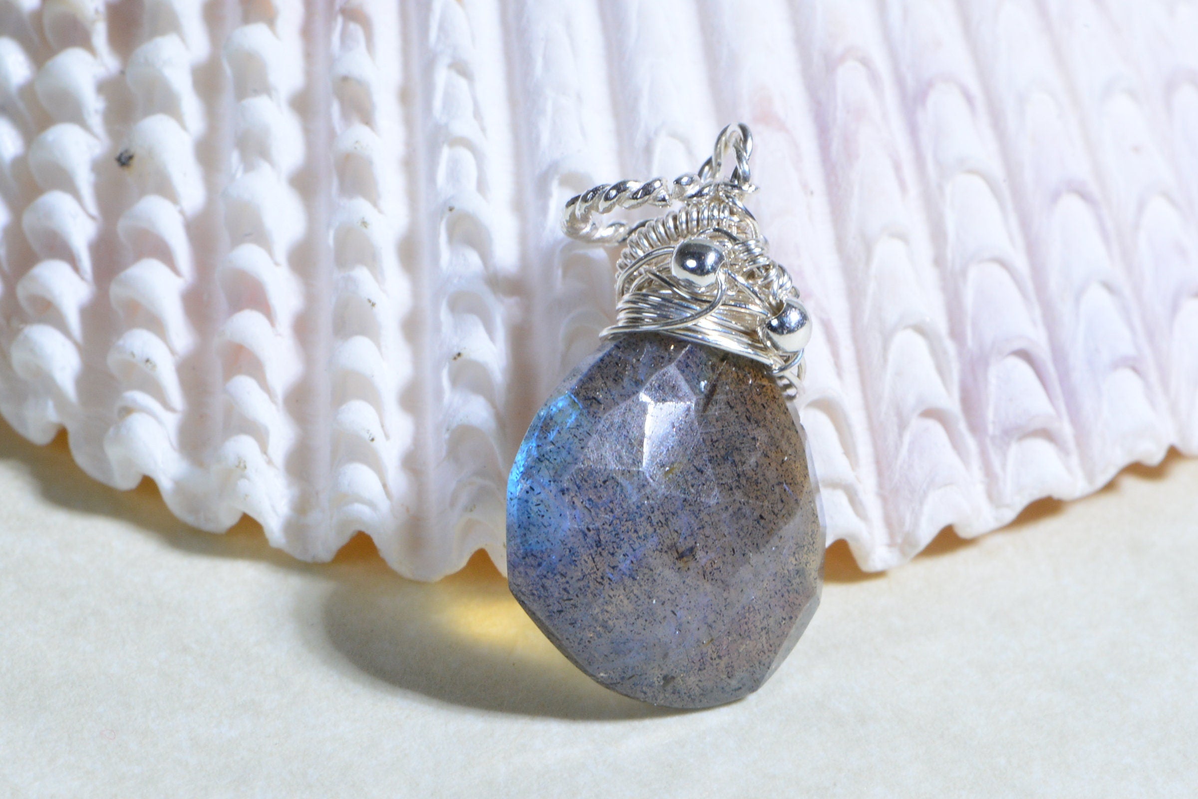 Labradorite Briolette Charm: Sterling Silver Wire Wrapped Bead (13mm)