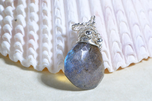 Labradorite Briolette Charm: Sterling Silver Wire Wrapped Bead (13mm)