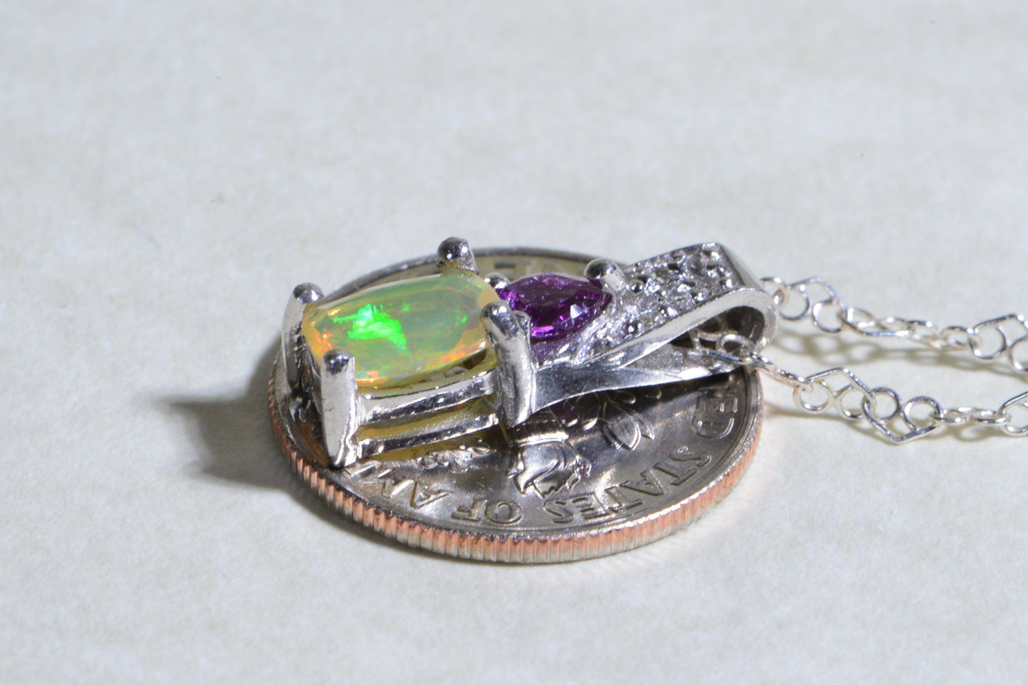 Ethiopian Opal Pendant: Sterling Silver, Garnet & Lab Diamond Accent