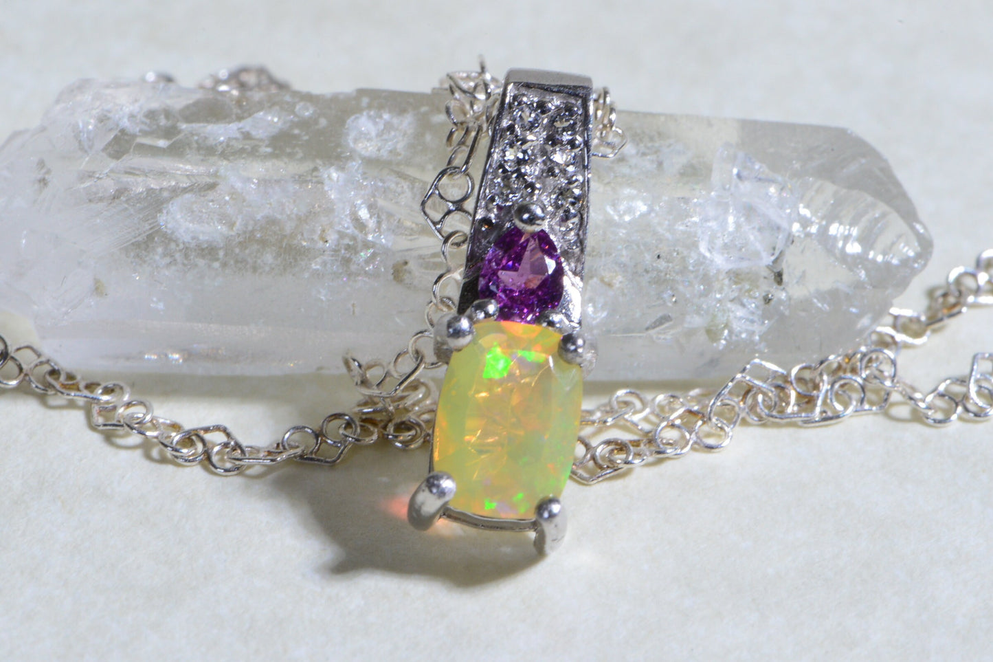 Ethiopian Opal Pendant: Sterling Silver, Garnet & Lab Diamond Accent