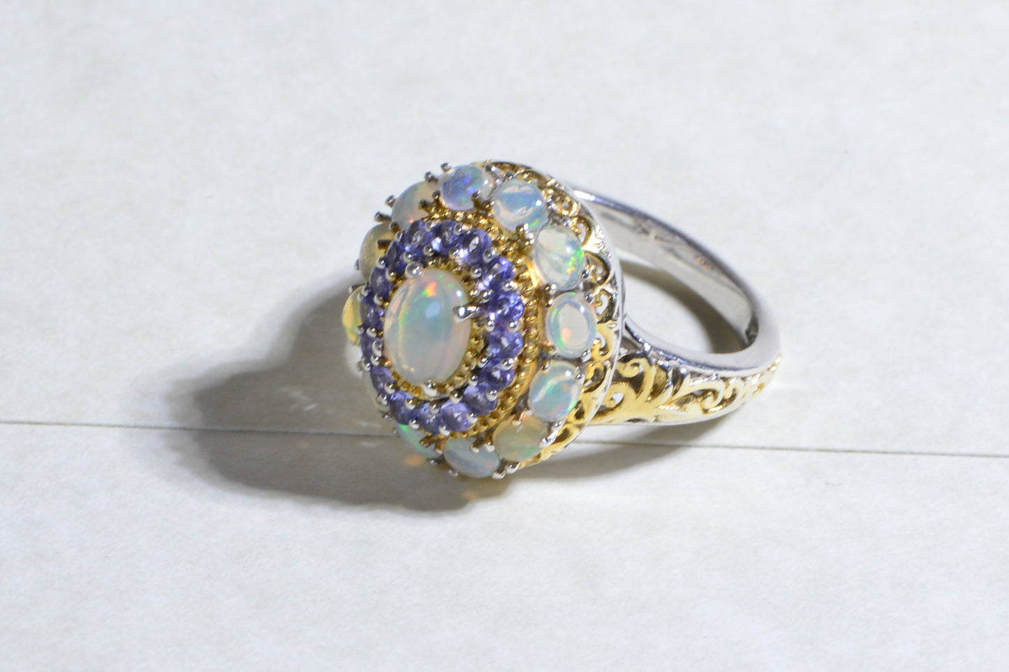 Ethiopian Opal Tanzanite Halo Ring, 24K Gold Plated Sterling Silver