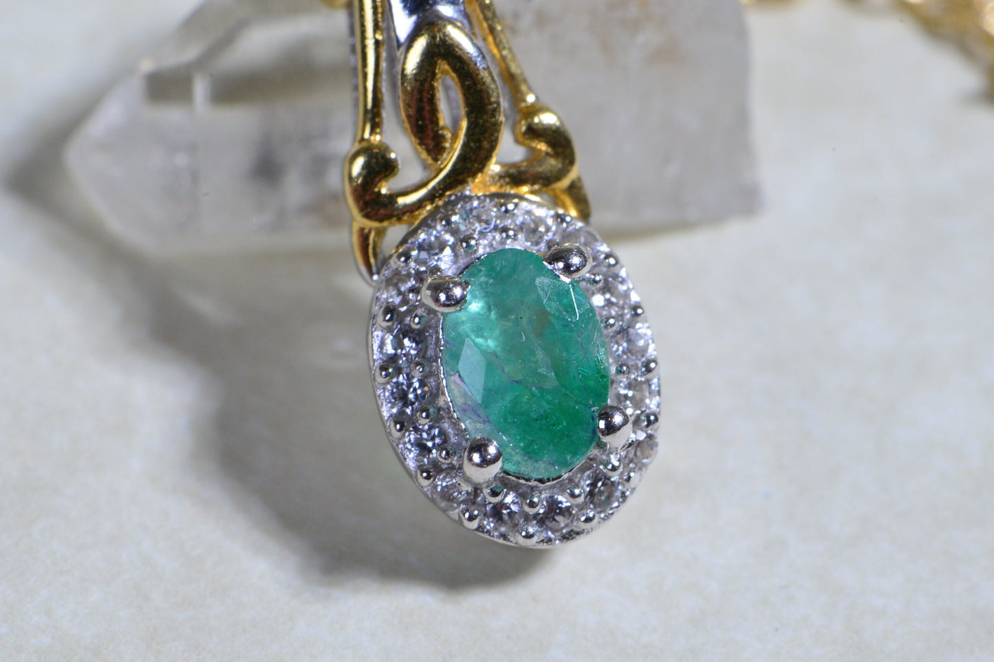Colombian Emerald Halo Pendant, White Zircon, 14k Gold Over Sterling Silver