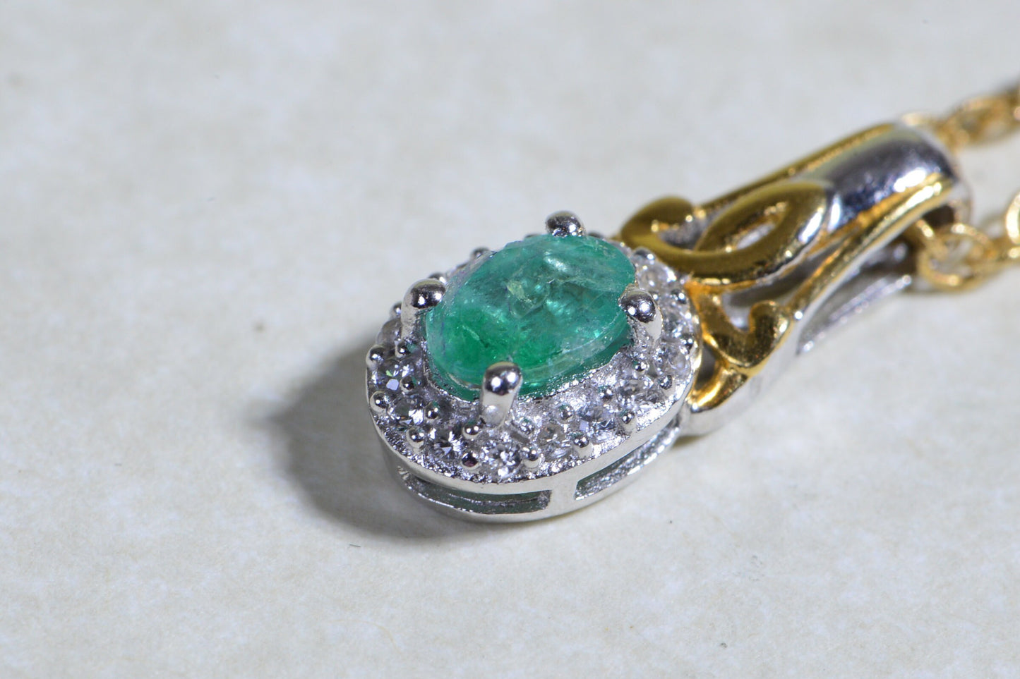Colombian Emerald Halo Pendant, White Zircon, 14k Gold Over Sterling Silver