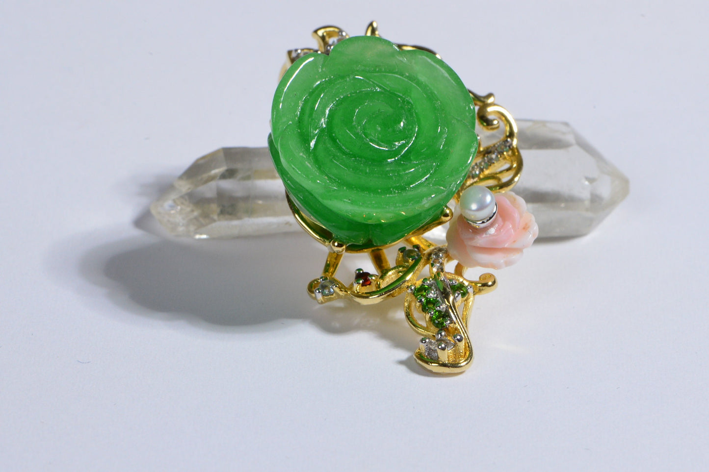 Green Jade Carved Rose Pendant, 14K Gold Over Sterling Silver