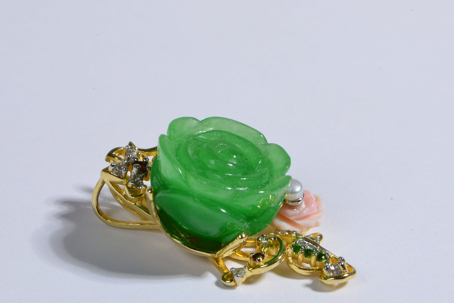 Green Jade Carved Rose Pendant, 14K Gold Over Sterling Silver