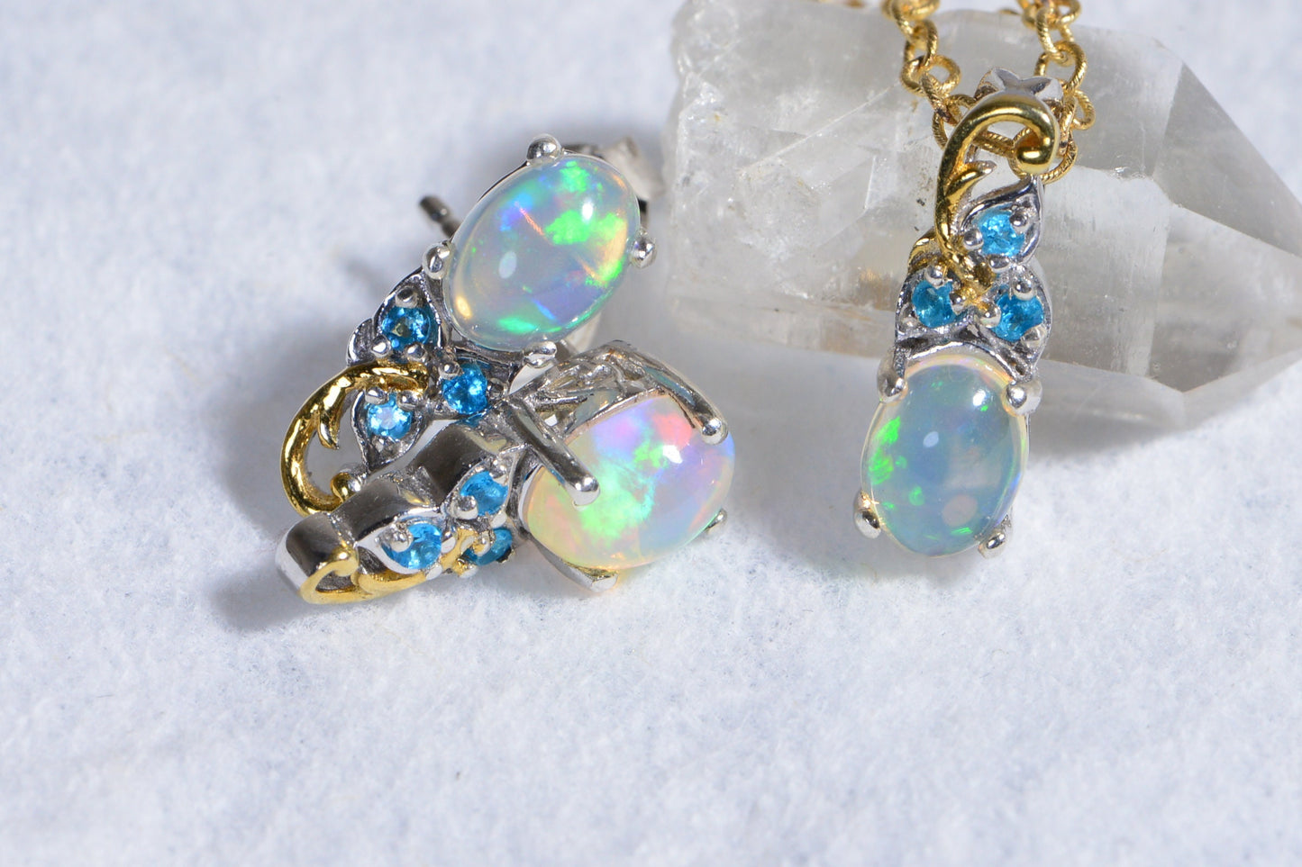 Ethiopian Opal Sterling Silver Necklace Earrings Set – Handmade Teardrop Jewelry